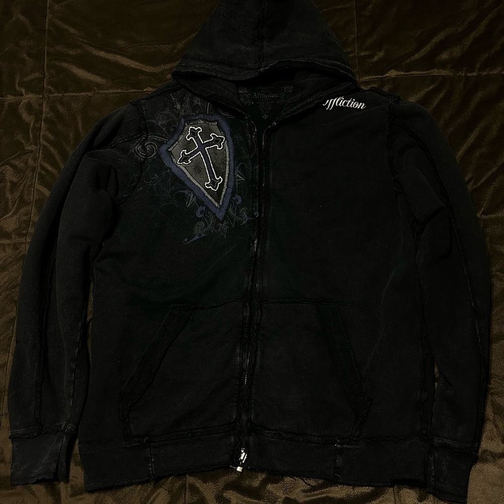 Affliction Hoodie Zip Up Light Weight Distressed Black Large Y2K